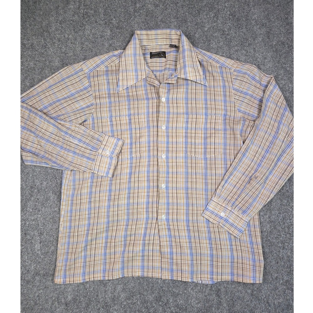 Vintage JCPenney Button Up Shirt Mens Large Blue Tan Plaid 70s Long Sleeve